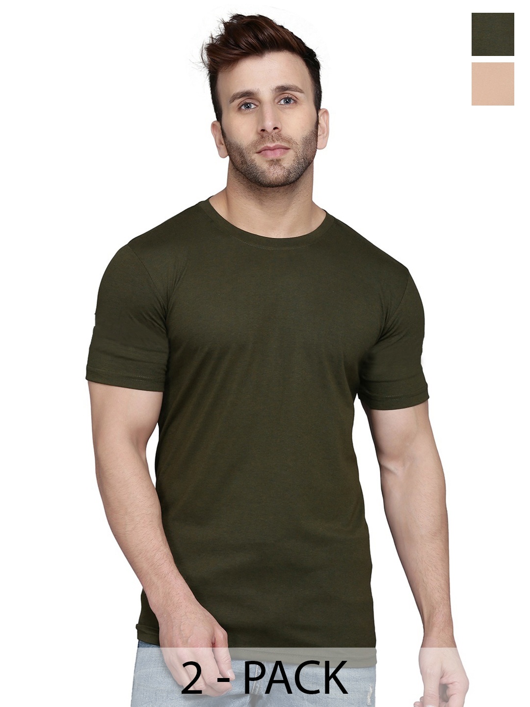 

WOOSTRO Men Pack Of 2 Solid Round Neck Cotton Slim Fit T-shirts, Olive