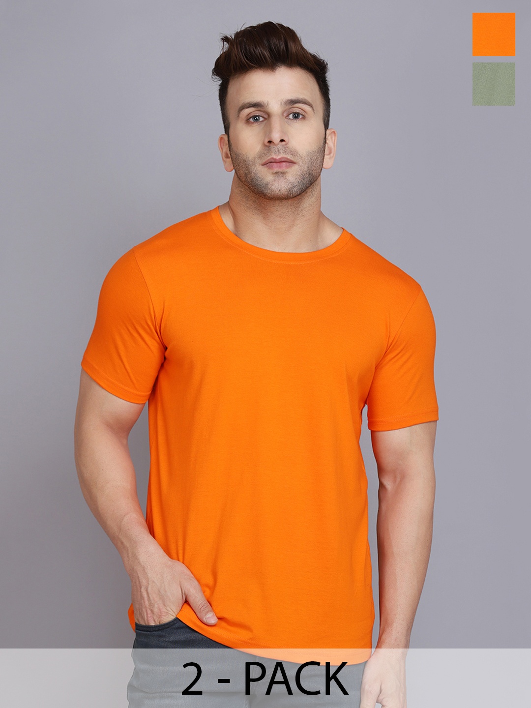 

WOOSTRO Men Pack Of 2 Solid Round Neck Cotton Slim Fit T-shirts, Green