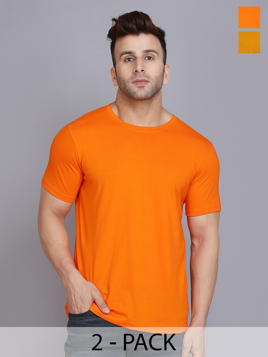 

WOOSTRO Men Pack Of 2 Solid Round Neck Cotton Slim Fit T-shirts, Orange