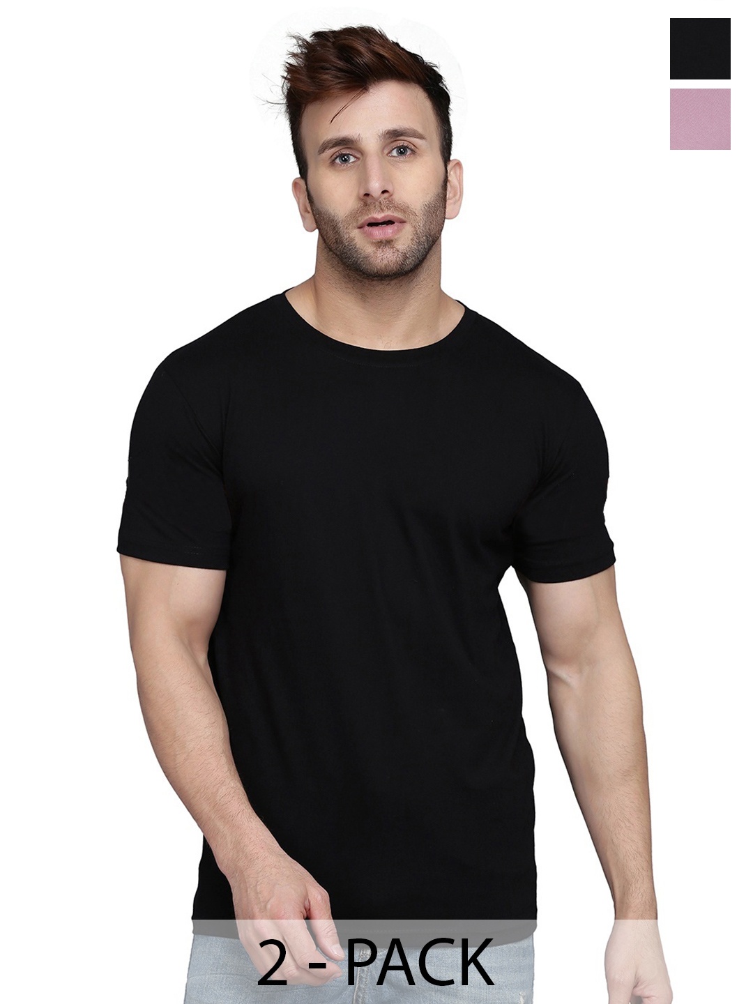 

WOOSTRO Men Pack Of 2 Solid Round Neck Cotton Slim Fit T-shirts, Black