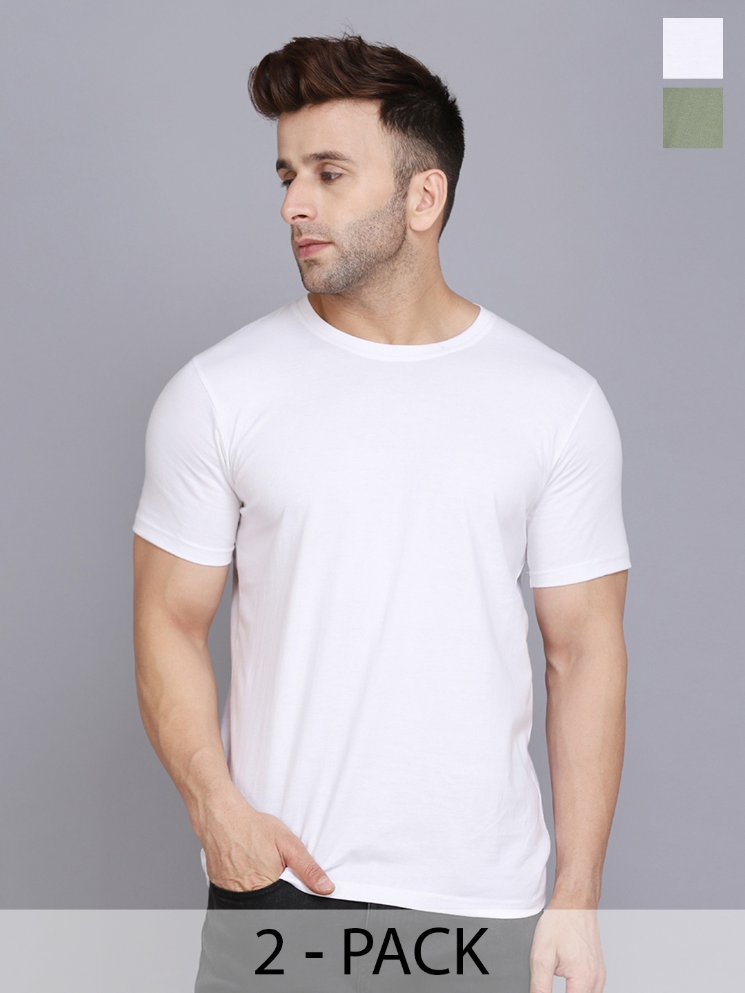 

WOOSTRO Men Pack Of 2 Solid Round Neck Cotton Slim Fit T-shirts, Green