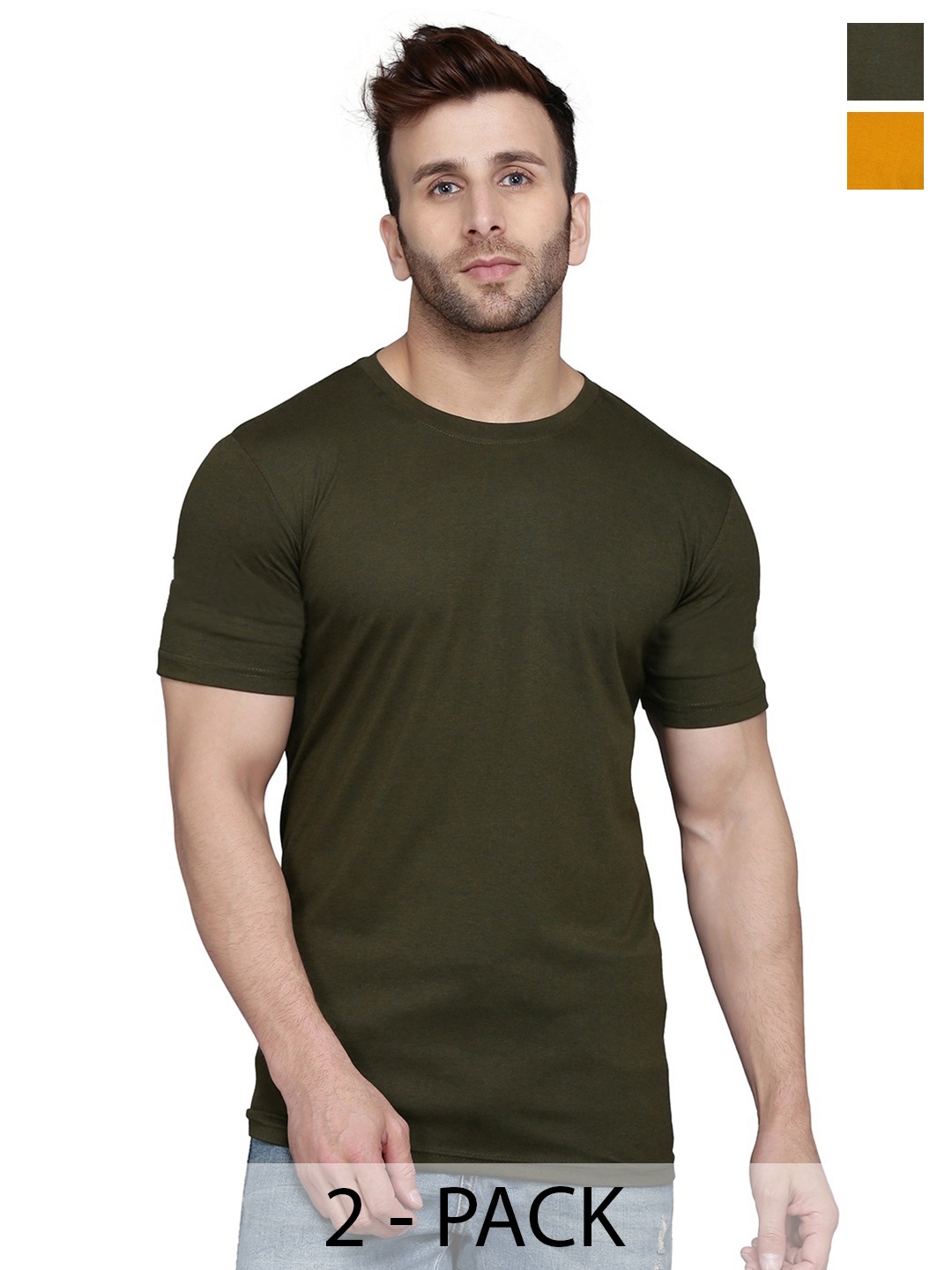 

WOOSTRO Men Pack Of 2 Solid Round Neck Cotton Slim Fit T-shirts, Olive