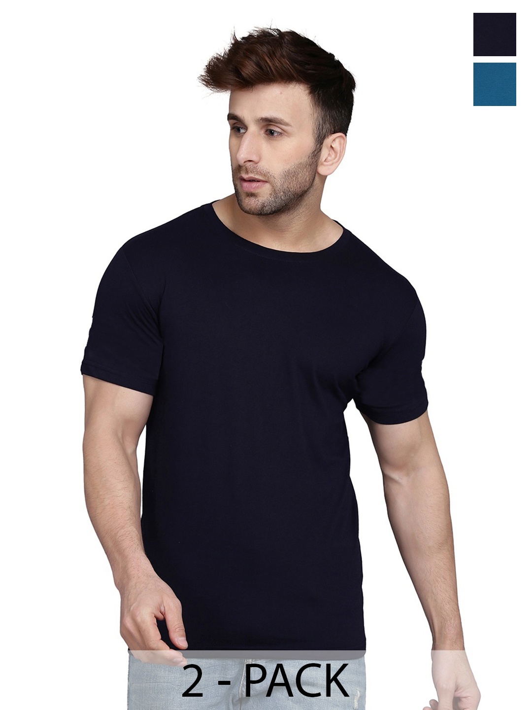 

WOOSTRO Men Pack Of 2 Solid Round Neck Cotton Slim Fit T-shirts, Navy blue