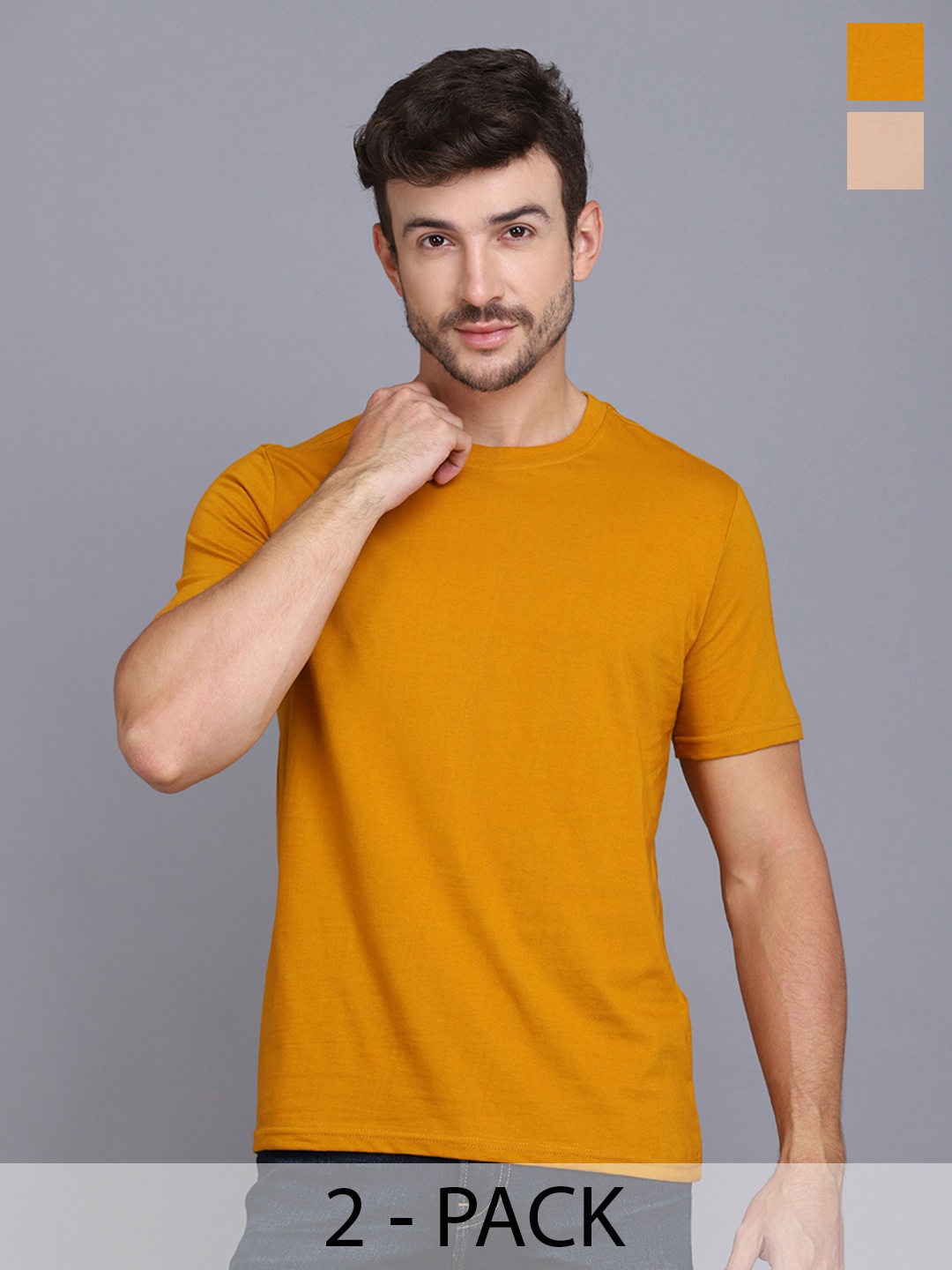 

WOOSTRO Men Pack Of 2 Solid Round Neck Cotton Slim Fit T-shirts, Mustard