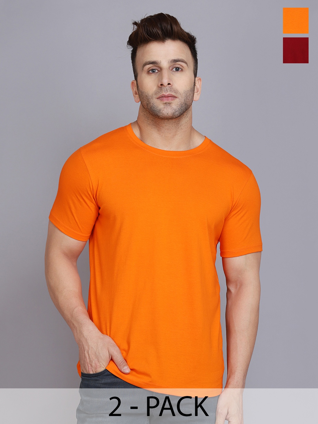 

WOOSTRO Men Pack Of 2 Solid Round Neck Cotton Slim Fit T-shirts, Orange