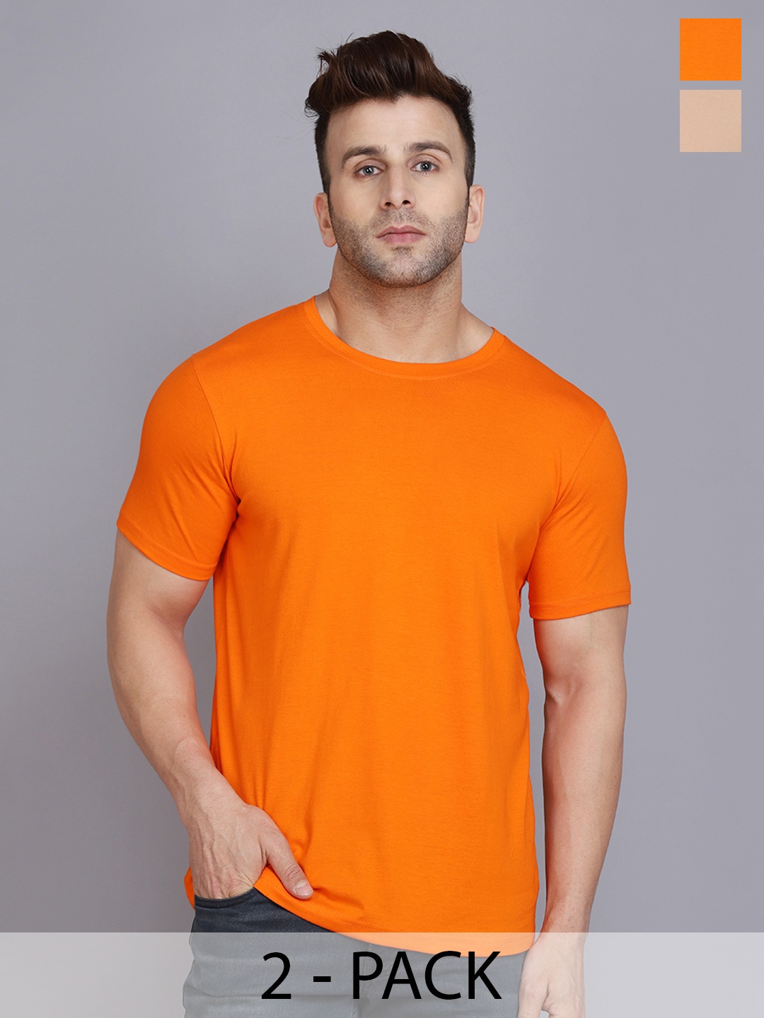 

WOOSTRO Men Pack Of 2 Solid Round Neck Cotton Slim Fit T-shirts, Orange