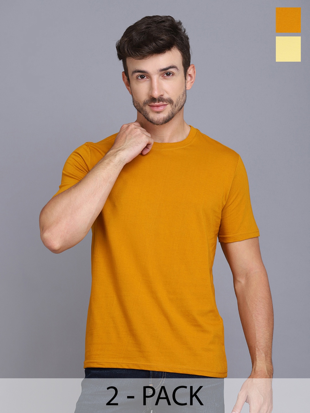 

WOOSTRO Men Pack Of 2 Solid Round Neck Cotton Slim Fit T-shirts, Mustard