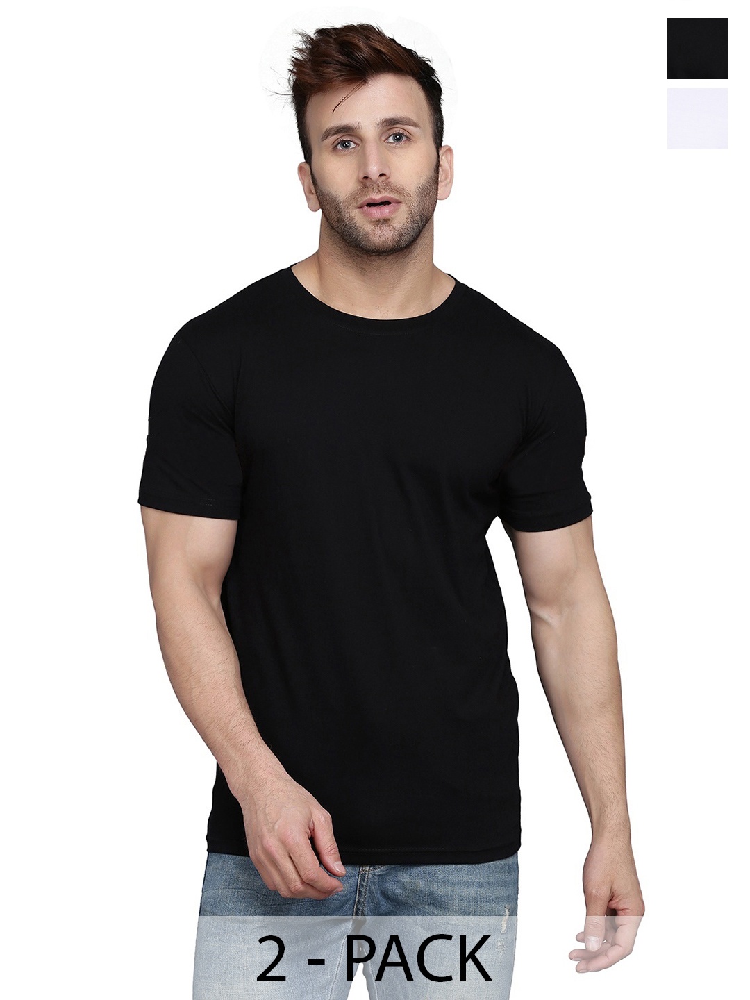 

WOOSTRO Men Pack Of 2 Solid Round Neck Cotton Slim Fit T-shirts, Black