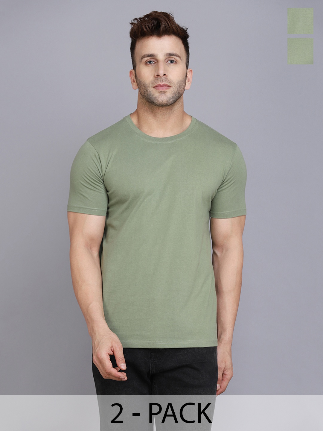 

WOOSTRO Men Pack Of 2 Solid Round Neck Cotton Slim Fit T-shirts, Green