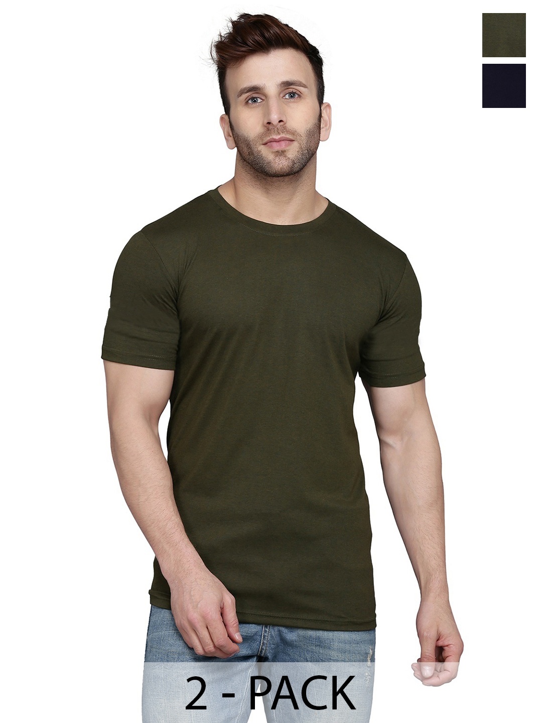 

WOOSTRO Men Pack Of 2 Solid Round Neck Cotton Slim Fit T-shirts, Olive
