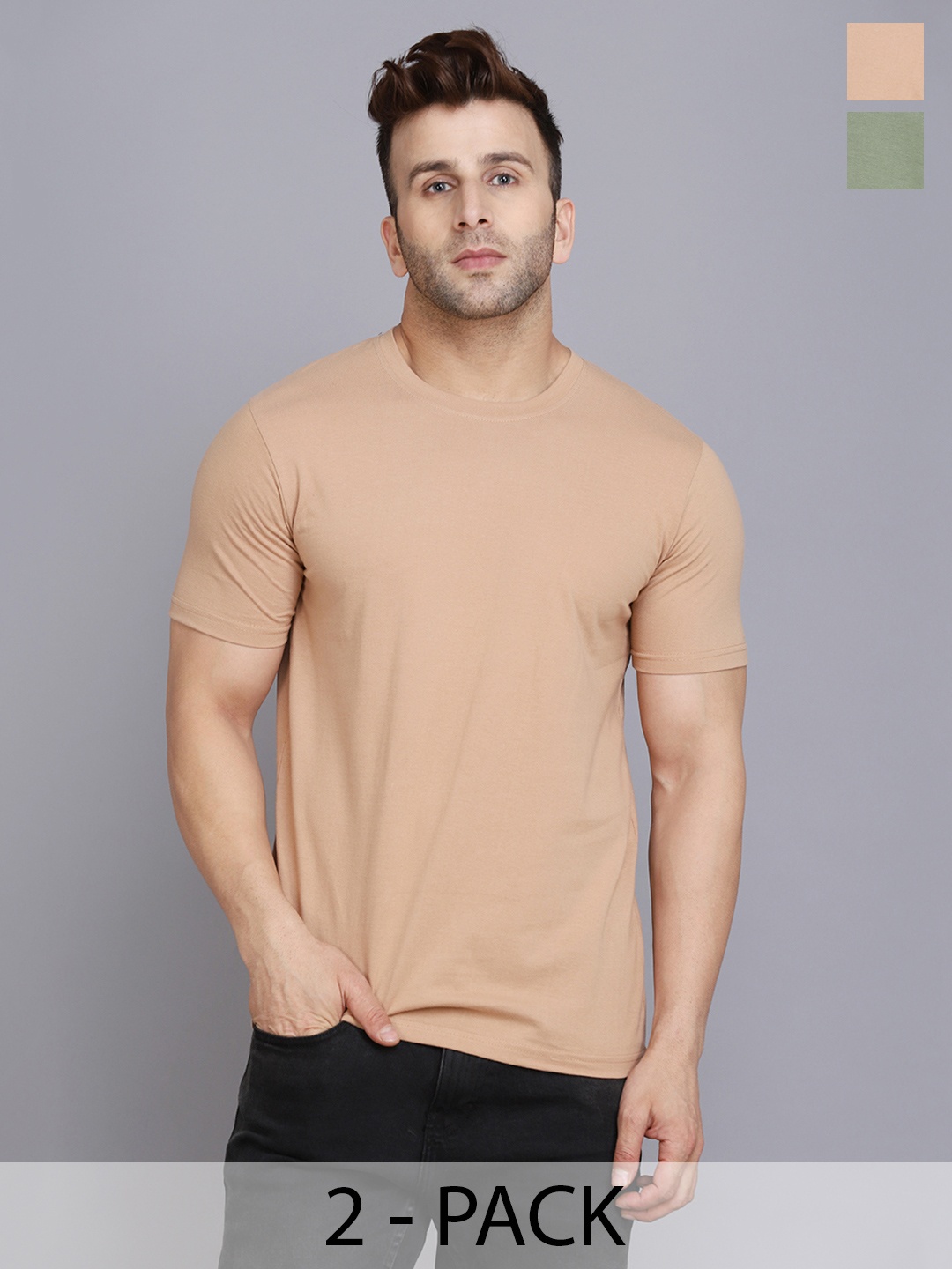 

WOOSTRO Men Pack Of 2 Solid Round Neck Cotton Slim Fit T-shirts, Green