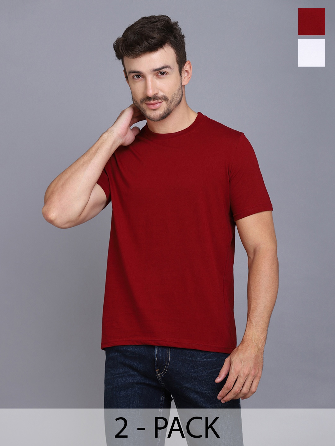 

WOOSTRO Men Solid Round Neck Cotton Slim Fit T-shirt, Maroon