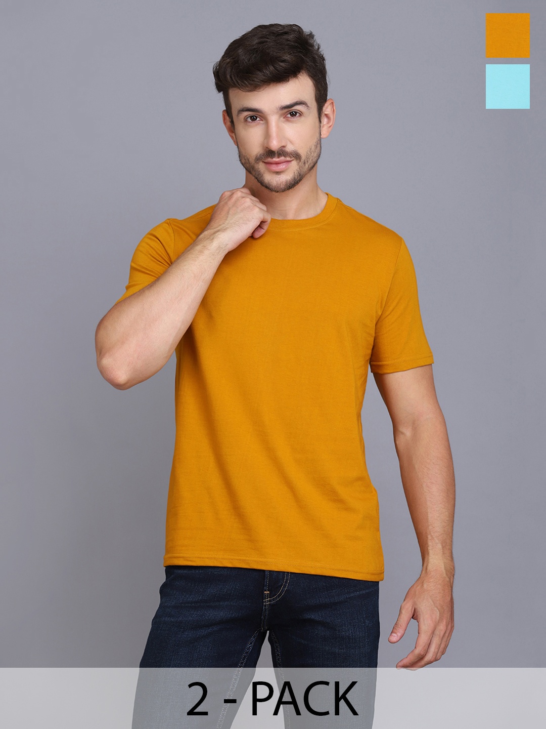 

WOOSTRO Men Pack Of 2 Solid Round Neck Cotton Slim Fit T-shirts, Mustard