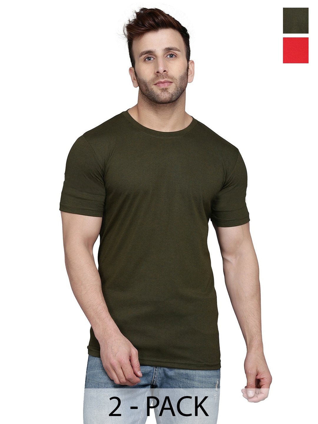 

WOOSTRO Men Pack Of 2 Solid Round Neck Cotton Slim Fit T-shirts, Olive