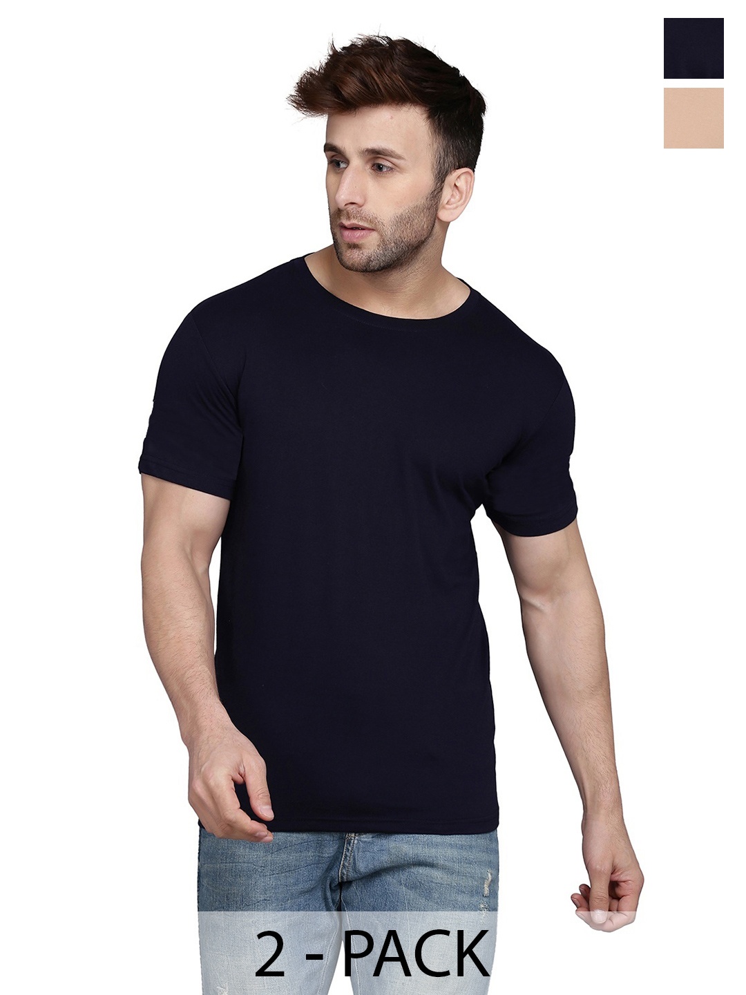 

WOOSTRO Men Pack Of 2 Solid Round Neck Cotton Slim Fit T-shirts, Navy blue