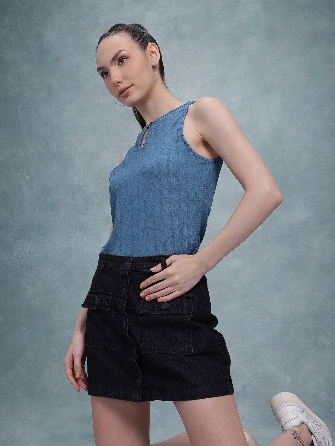 

The Roadster Life Co. Self Design Keyhole Neck Top, Blue