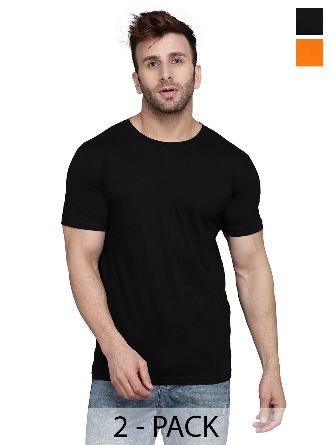 

WOOSTRO Men Pack Of 2 Solid Round Neck Cotton Slim Fit T-shirts, Black