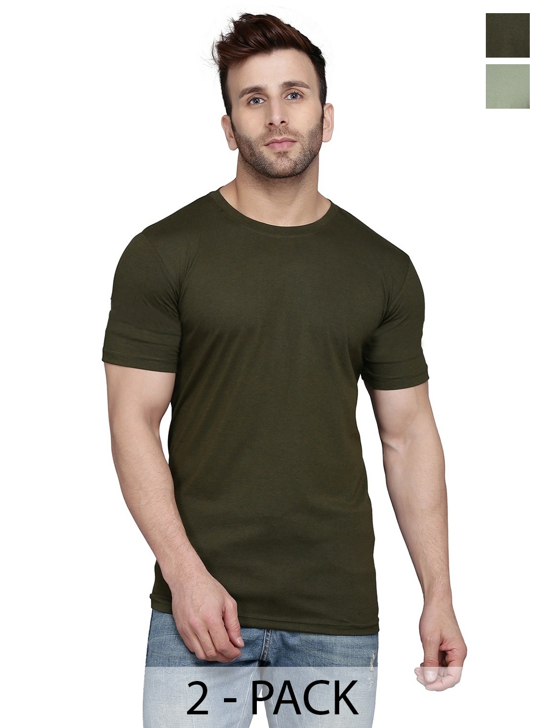 

WOOSTRO Men Pack Of 2 Solid Round Neck Cotton Slim Fit T-shirts, Olive