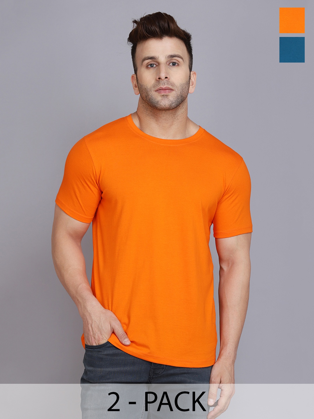 

WOOSTRO Men Pack Of 2 Solid Round Neck Cotton Slim Fit T-shirts, Orange