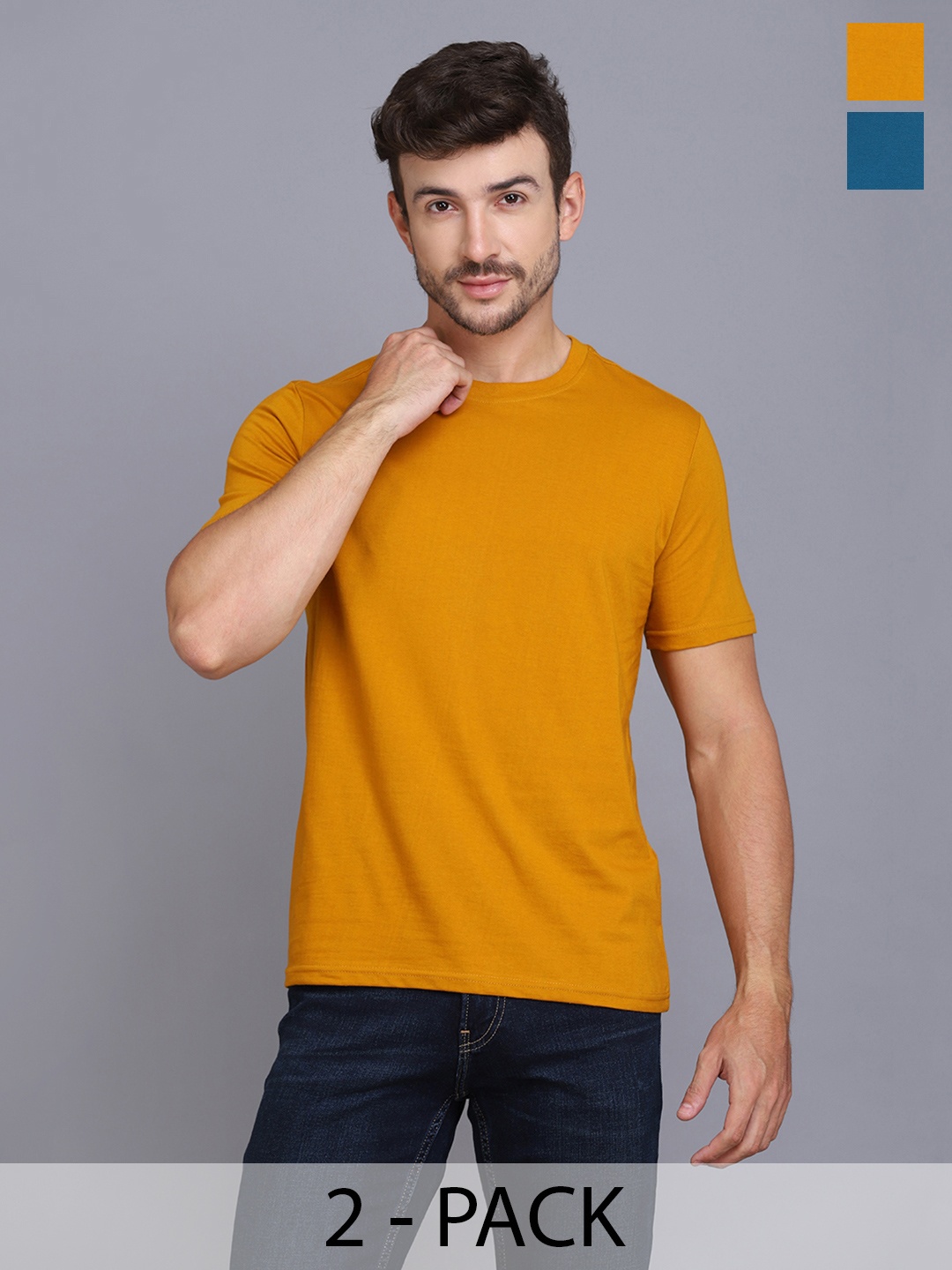 

WOOSTRO Men Pack Of 2 Solid Round Neck Cotton Slim Fit T-shirts, Mustard