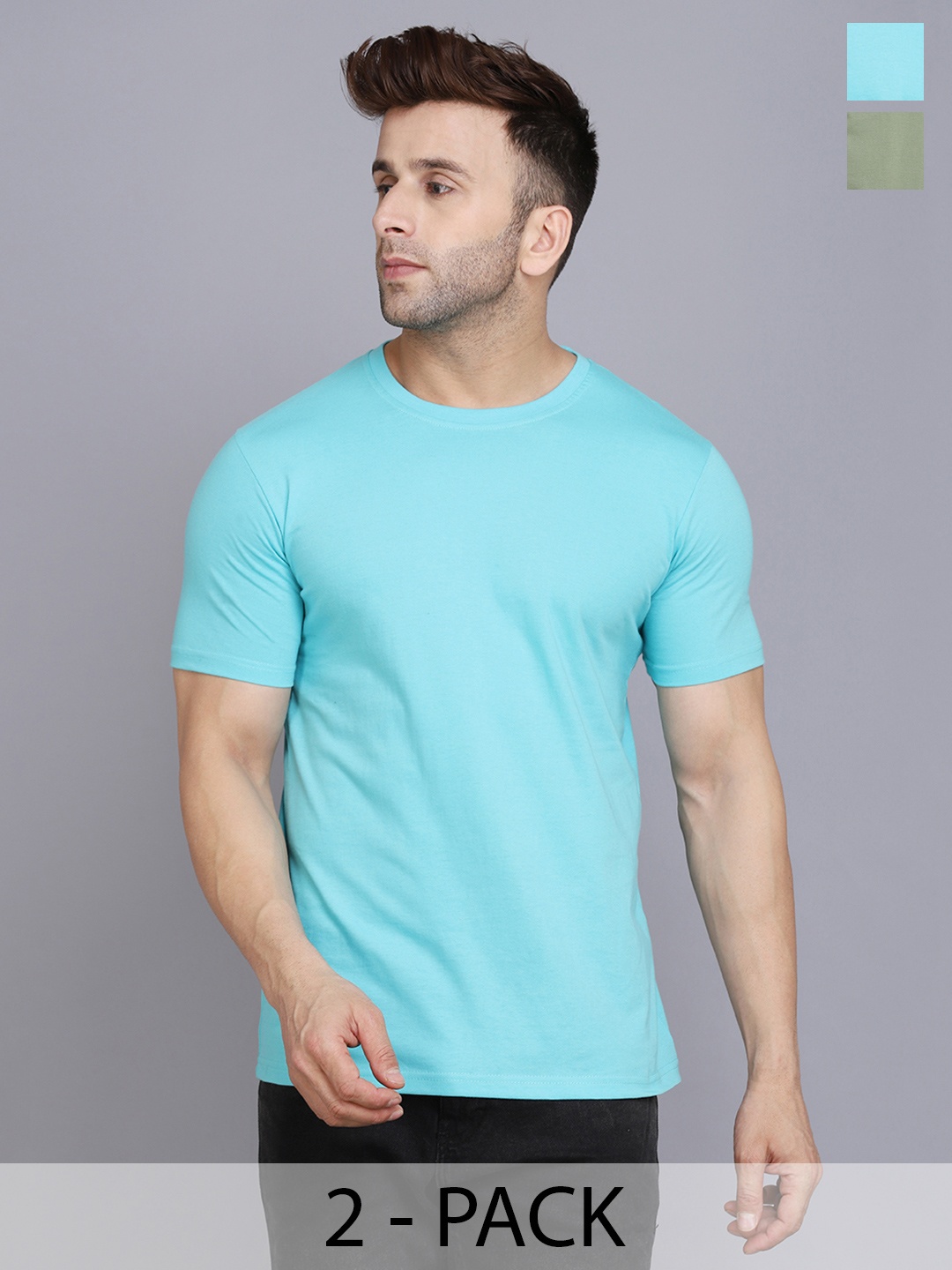

WOOSTRO Men Pack Of 2 Solid Round Neck Cotton Slim Fit T-shirts, Green