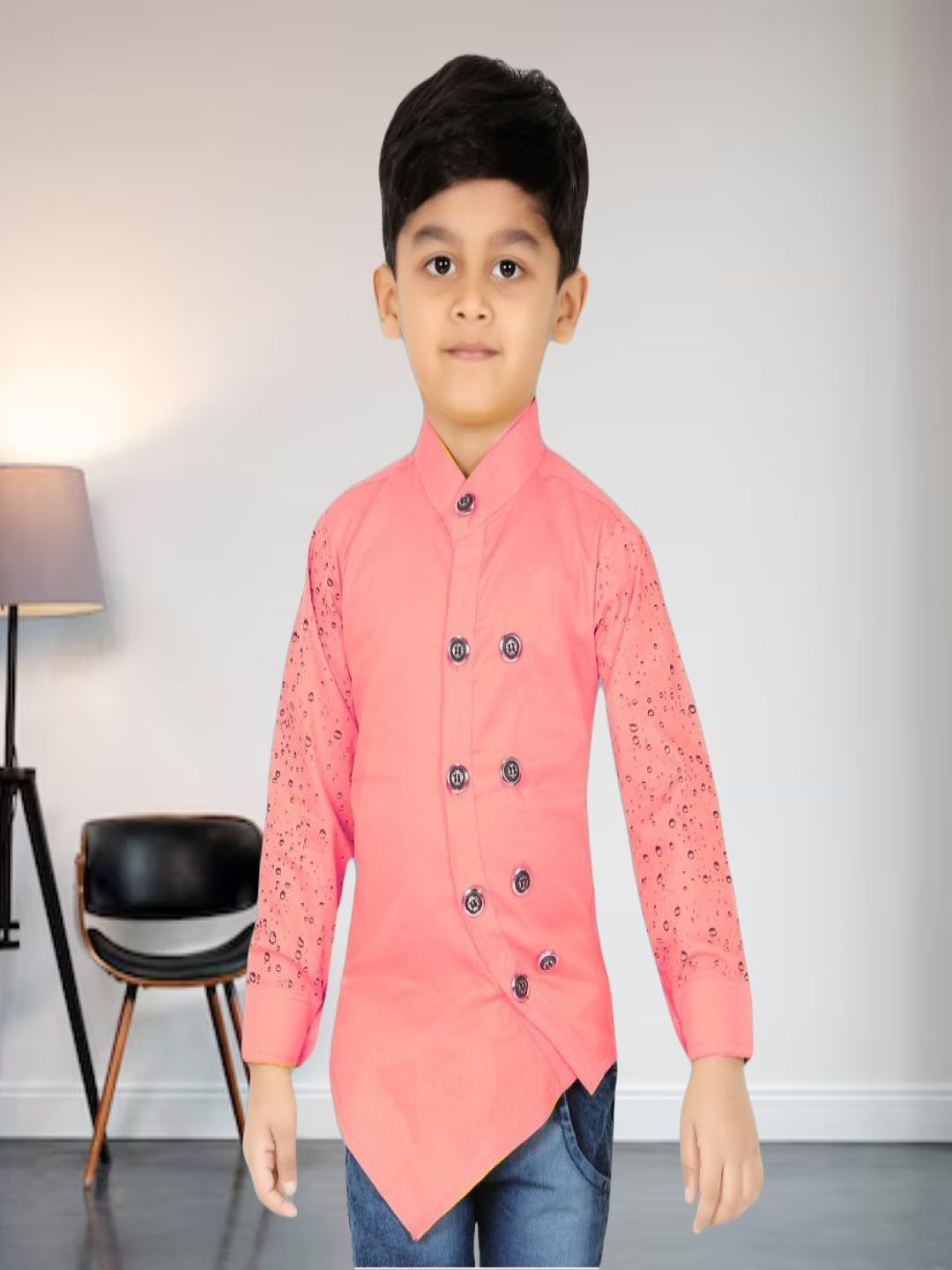 

BAESD Boys Classic Fit Mandarin Collar Abstract Printed Cotton Casual Shirt, Peach