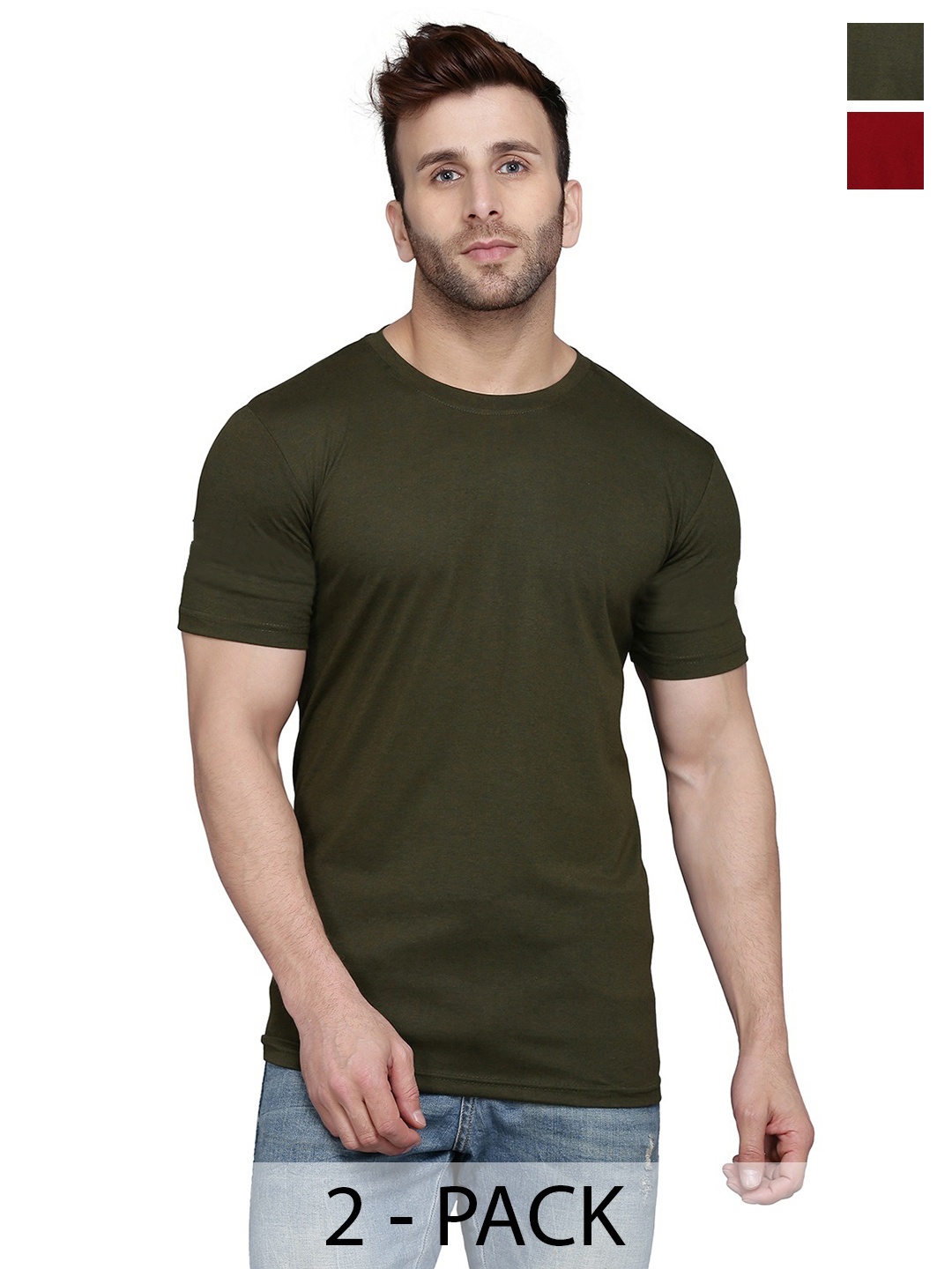 

WOOSTRO Men Pack Of 2 Solid Round Neck Cotton Slim Fit T-shirts, Olive