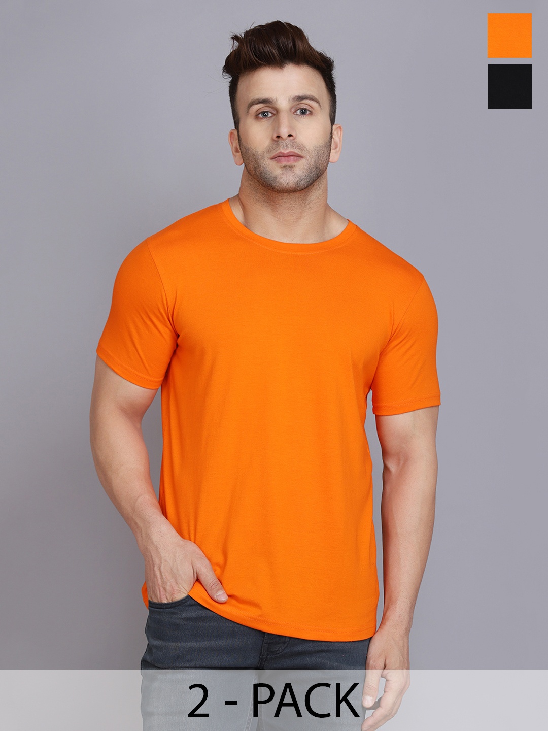 

WOOSTRO Men Pack Of 2 Solid Round Neck Cotton Slim Fit T-shirts, Orange