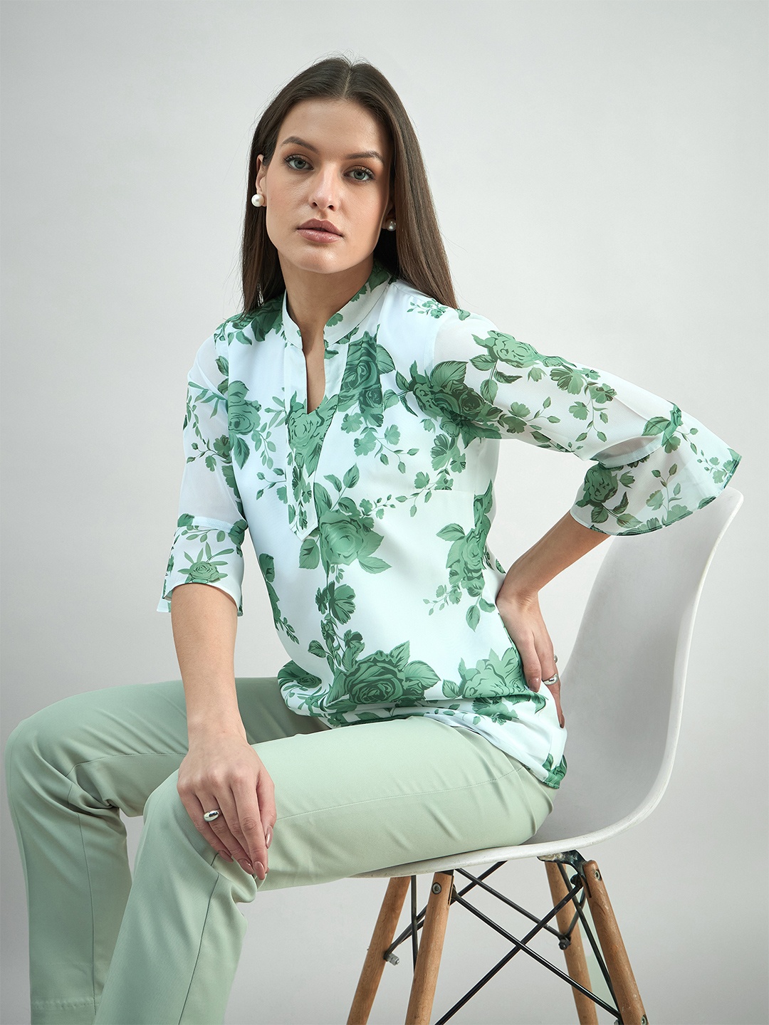 

PowerSutra women's floral printed flared sleeve V-neck top, White