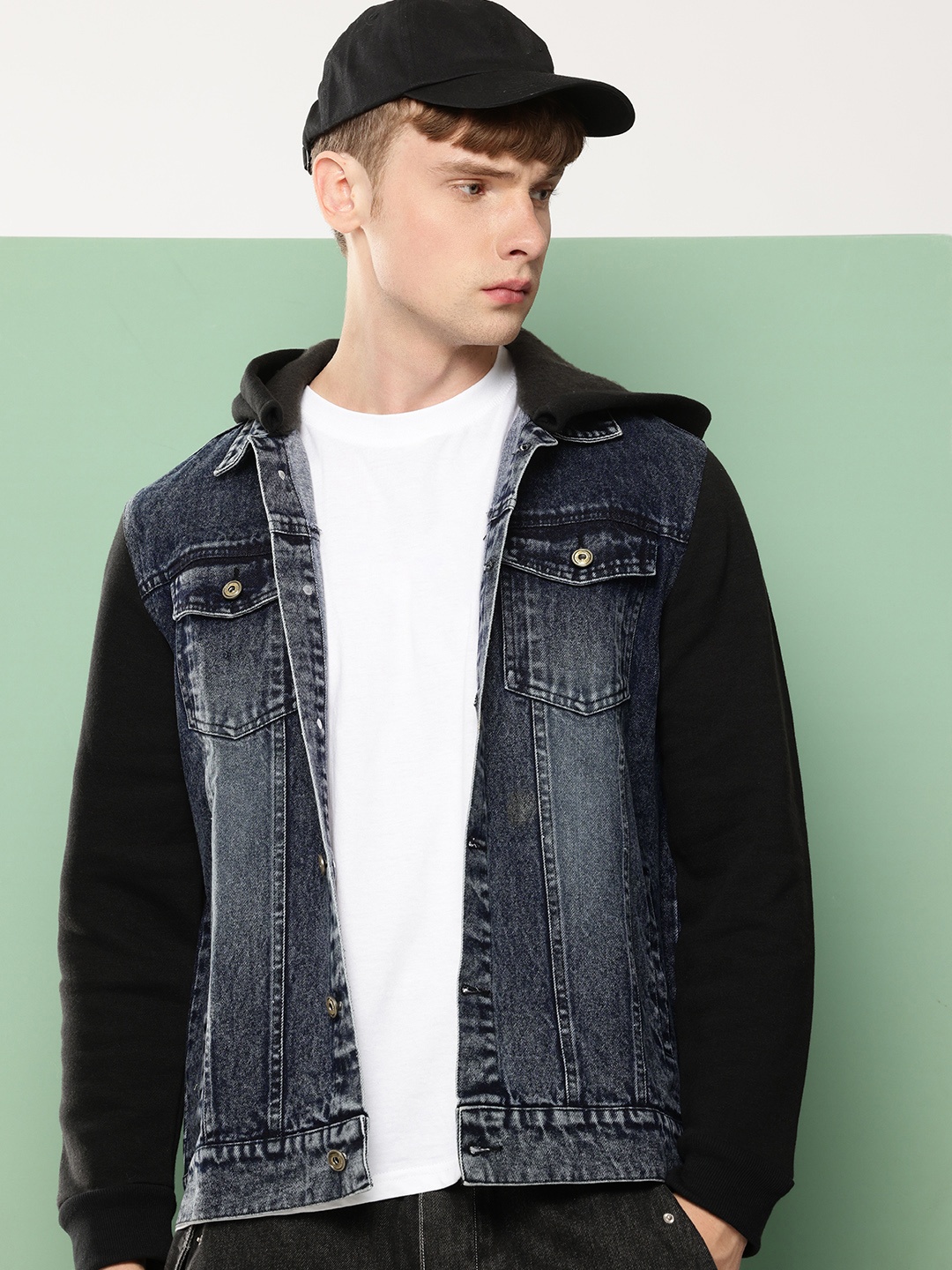 

VOXATI Men Washed Hooded Denim Jacket, Blue