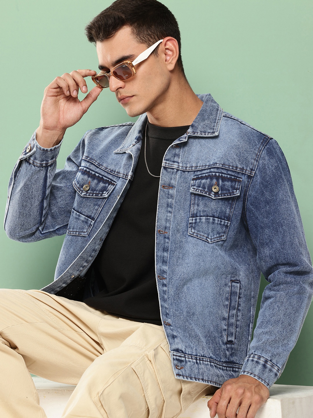 

VOXATI Men Washed Denim Jacket, Blue