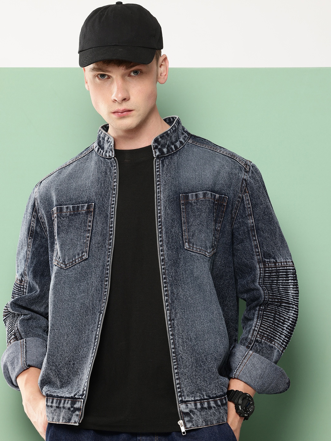 

VOXATI Men Washed Denim Jacket, Grey