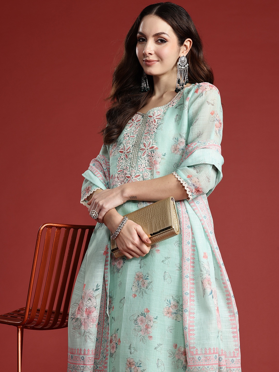 

Indo Era Floral Printed Thread Work Linen Kurta with Trousers & With Dupatta, Sea green