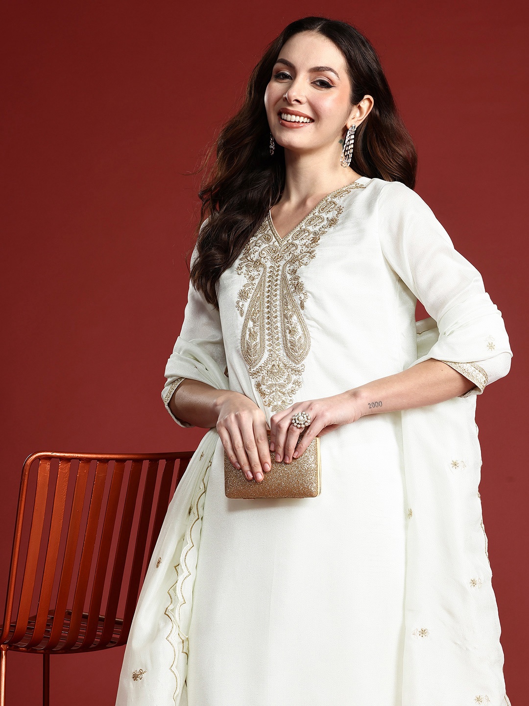 

Indo Era Women Paisley Embroidered Kurta with Trousers & With Dupatta, White