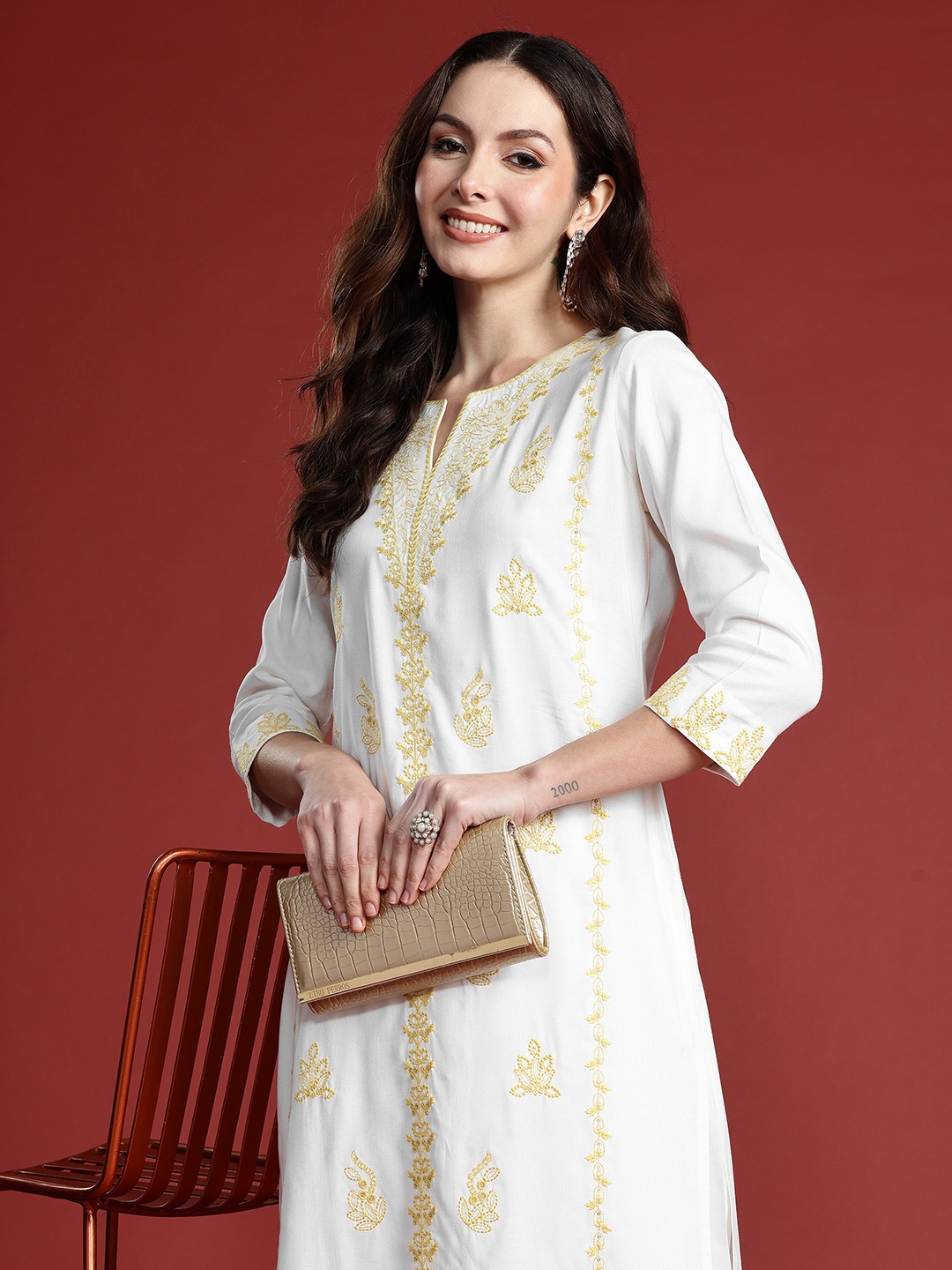 

Indo Era Women Floral Embroidered Thread Work Kurta with Trousers, White