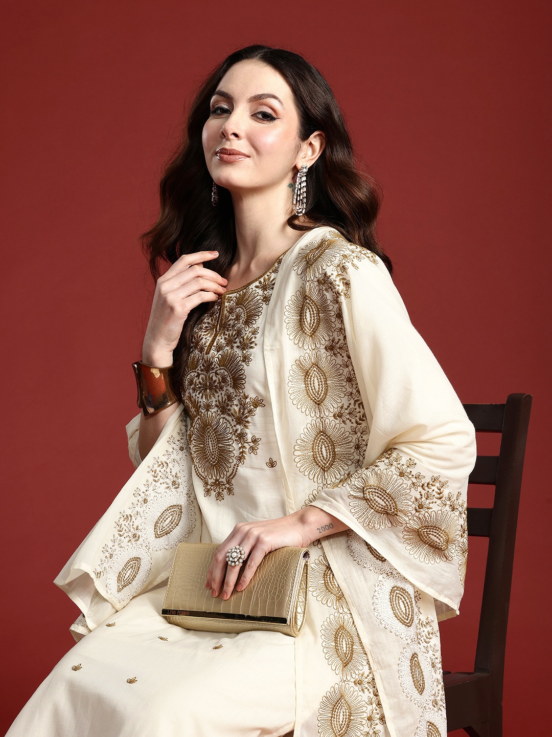 

Indo Era Floral Embroidered Thread Work Pure Cotton Kurta with Trousers & Dupatta, Off white