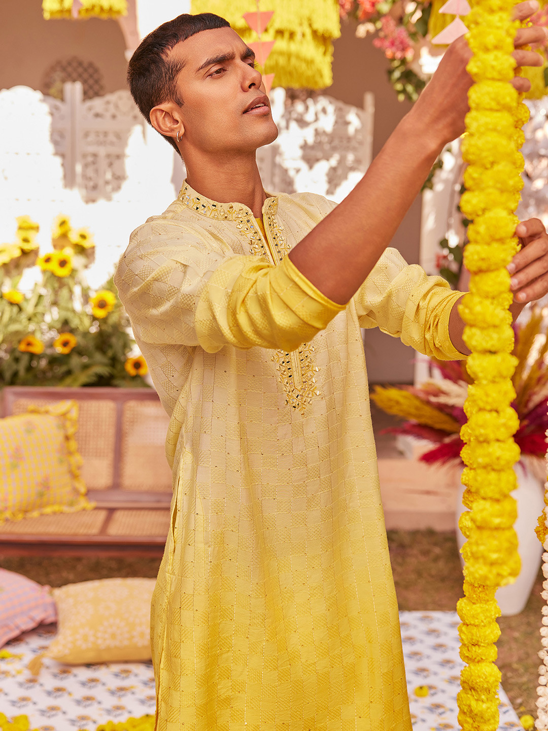 

KISAH Checked Woven Design Mandarin Collar Mirror Work Cotton Silk Straight Kurta, Yellow