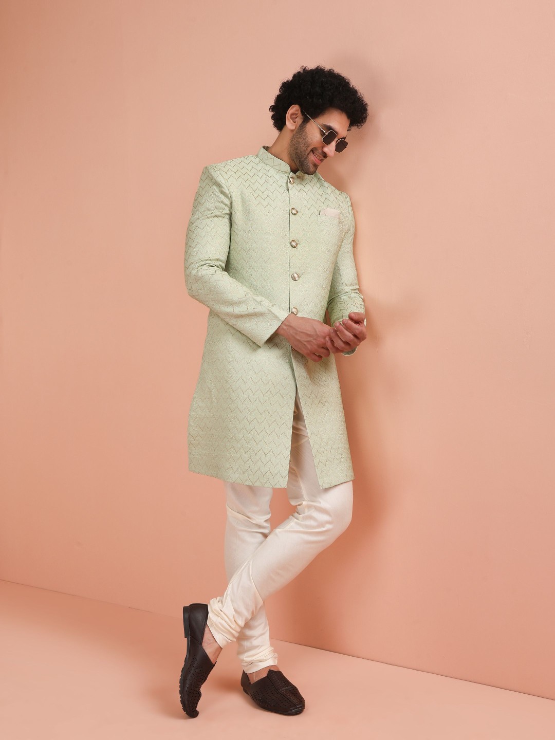 

KISAH Geometric Self Design Indowestern Sherwani Set, Green
