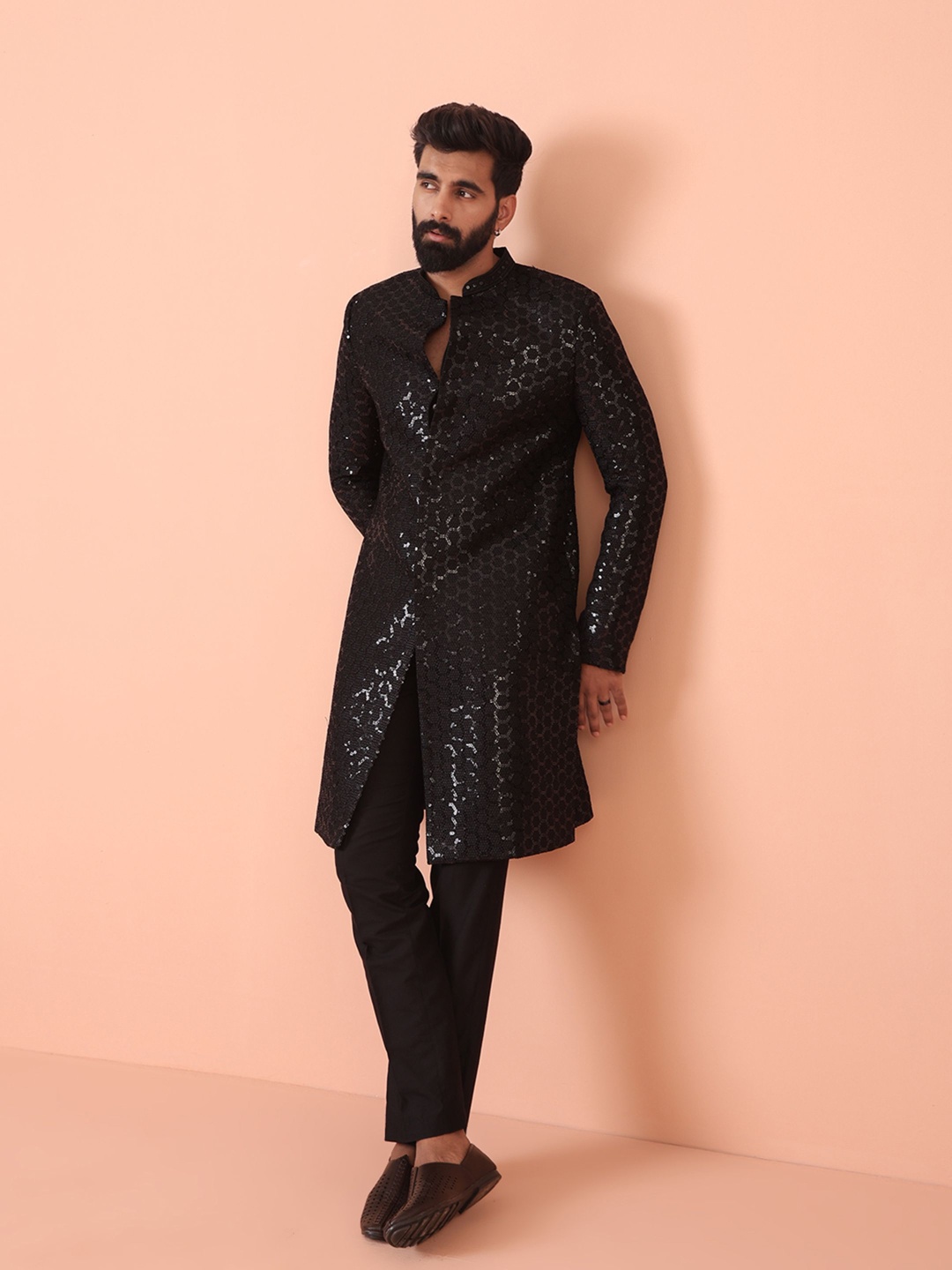

KISAH Men Embroidered Sequinned Indowestern Trouser Set, Black