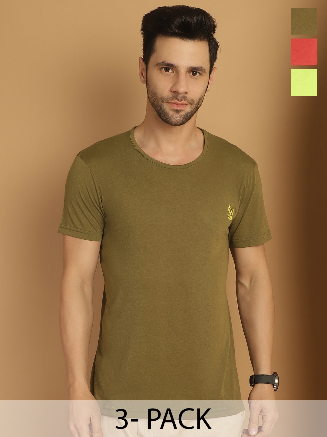 

VIMAL JONNEY Men Pack Of 3 Solid Round Neck Cotton T-shirts, Coral