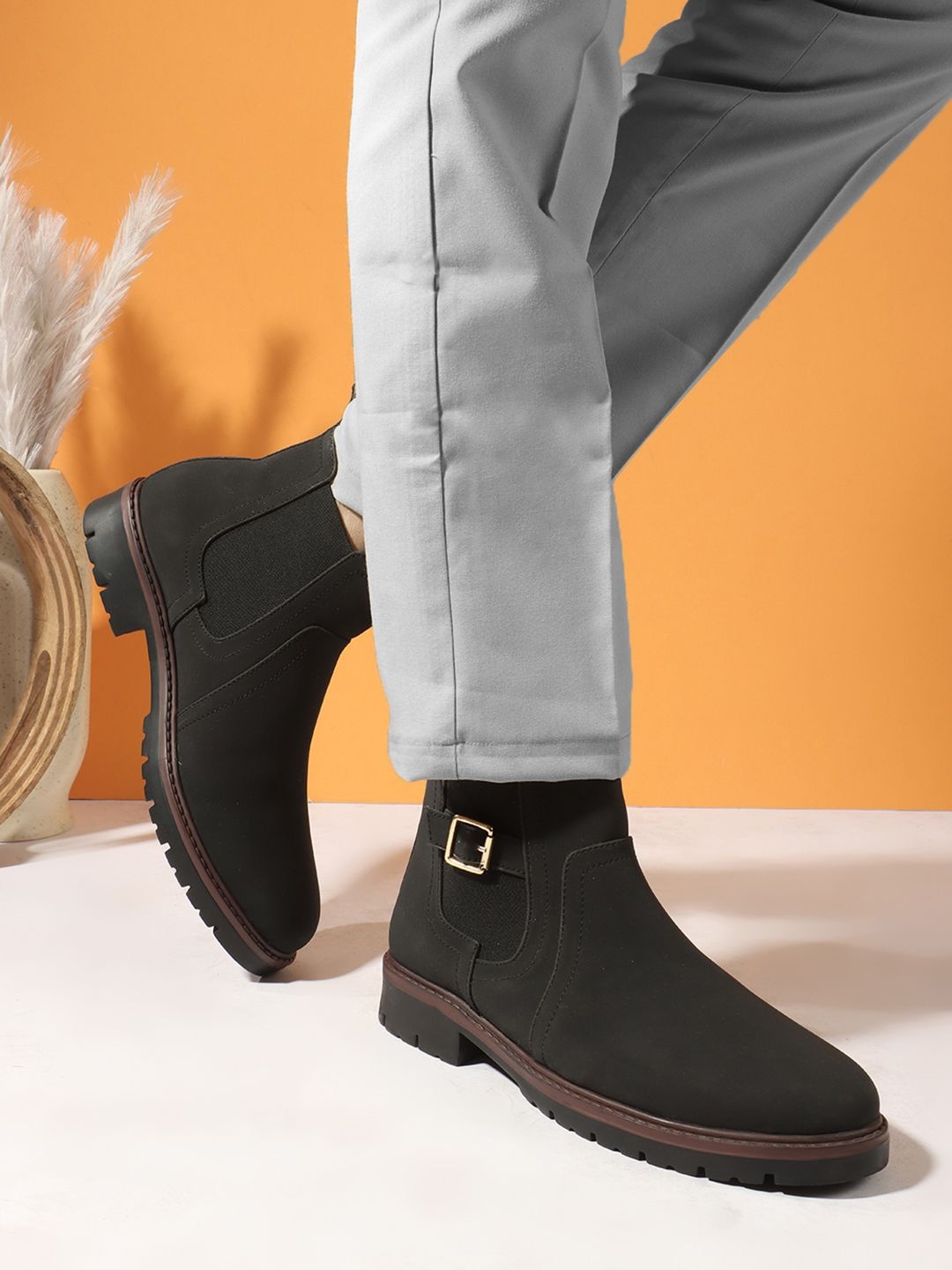 

Carlton London Men Solid Round Toe Chelsea Boots with Buckle Detail, Black