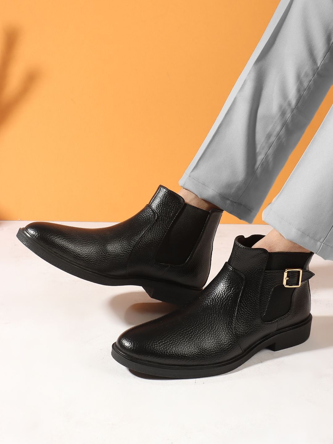 

Carlton London Men Textured Round Toe Chelsea Boots with Buckle Detail, Black