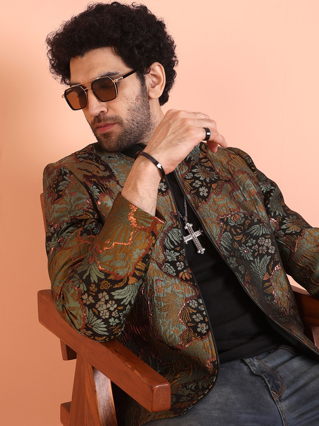 KISAH Men Spread Collar Floral Printed Ethnic Tailored Jacket, Teal