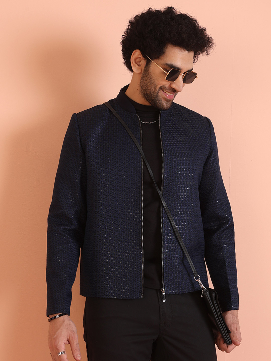

KISAH Men Stand Collar Solid Ethnic Tailored Jacket, Navy blue