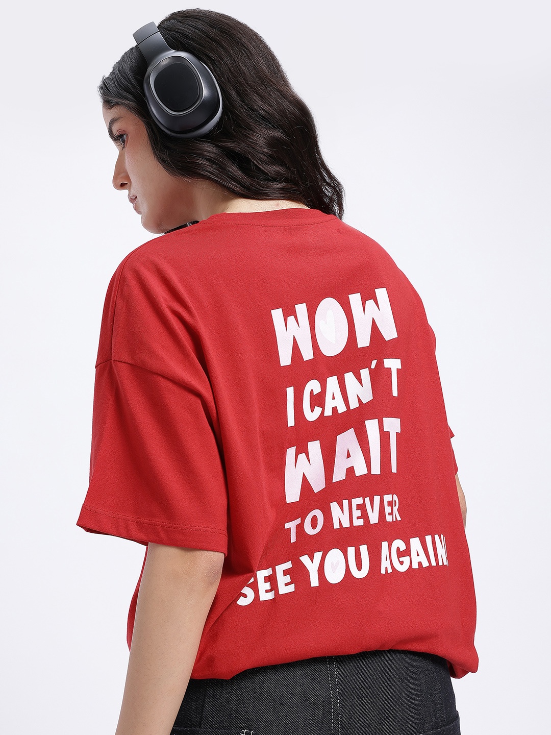 

glitchez Bold Talks Printed Drop-Sleeves Oversized T-shirt, Red