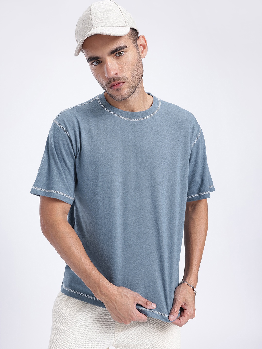 

glitchez Elevated Essentials Contrast Stitch Oversized T-shirt, Blue