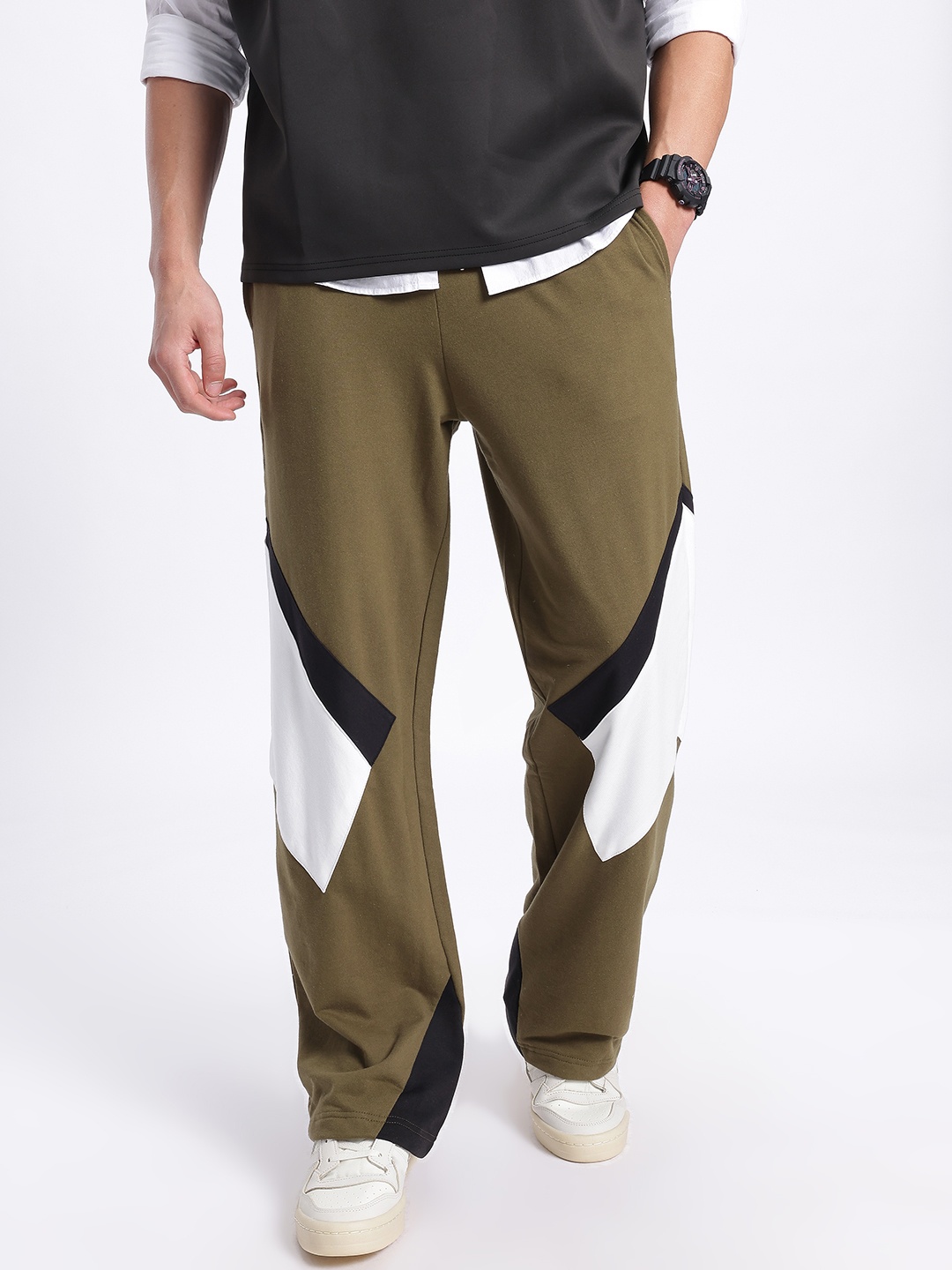 

glitchez Men Colourblocked Baggy Fit Track Pant, Olive