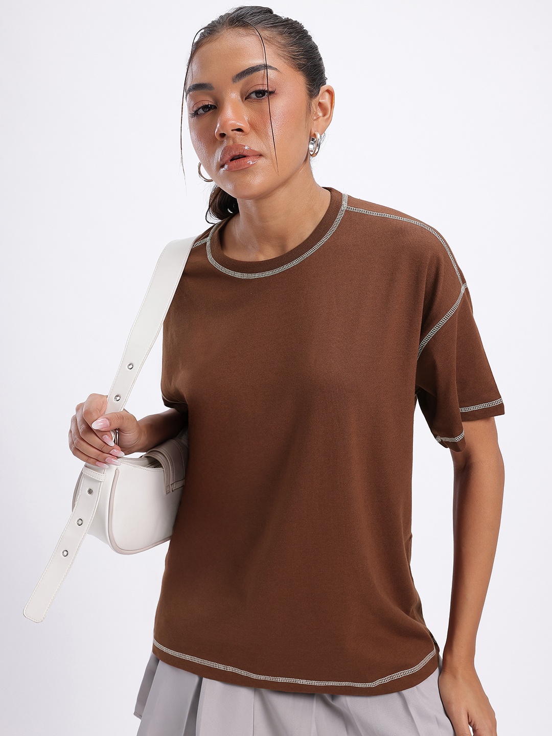 

glitchez Casual Comfort Contrast Stitch Oversized T-shirt, Brown