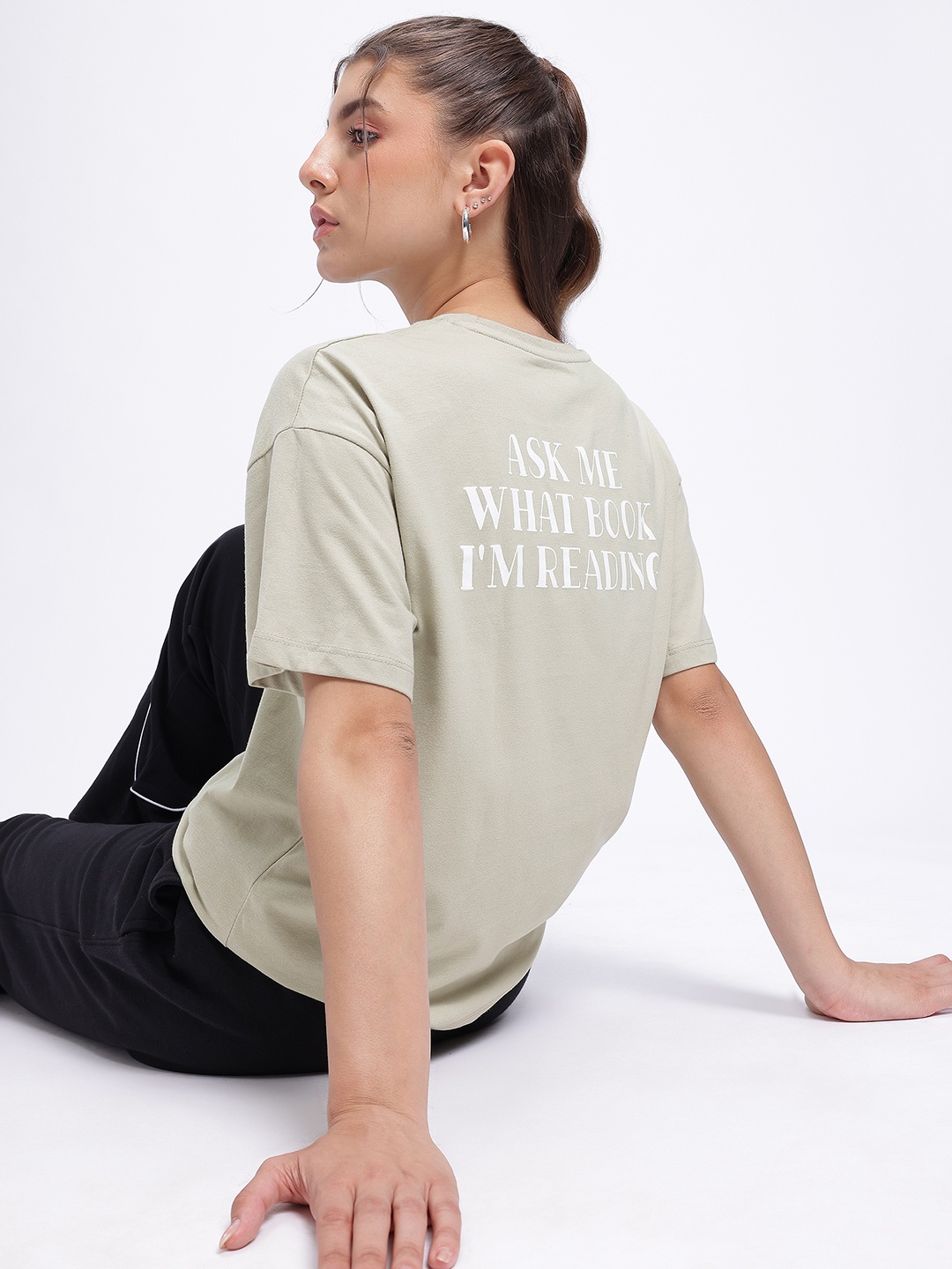 

glitchez Nerdy Talks Printed Drop-Sleeves Oversized T-shirt, Green