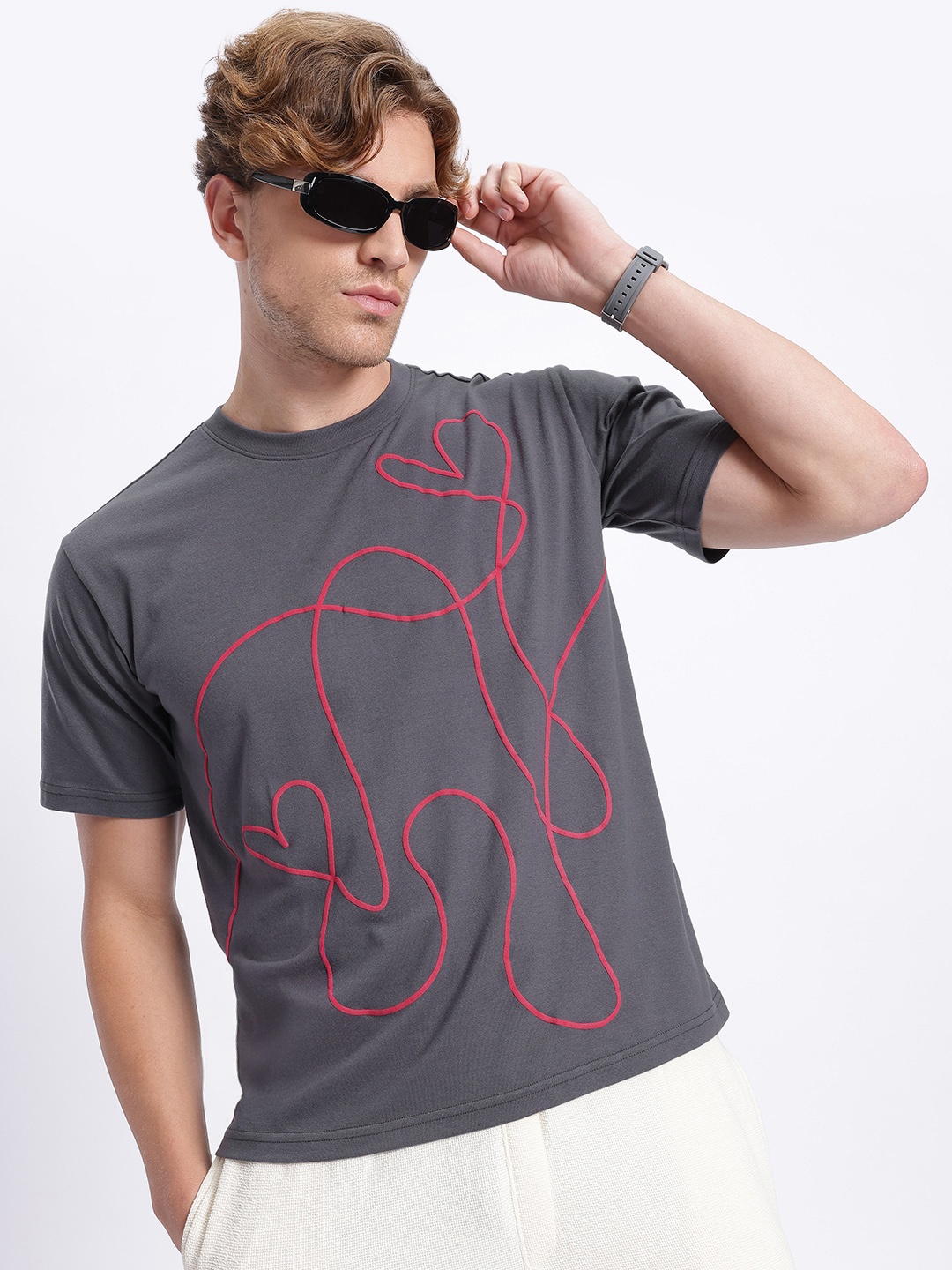 

glitchez Doodle Heart Printed Oversized T-shirt, Grey